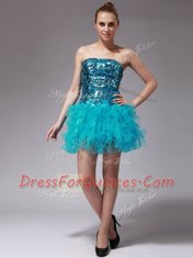 Organza Strapless Sleeveless Zipper Beading and Ruffles Homecoming Dress in Aqua Blue