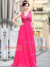 Custom Made Chiffon V-neck Sleeveless Brush Train Zipper Beading and Sequins Homecoming Dress in Hot Pink