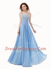 Blue Side Zipper Prom Evening Gown Beading Sleeveless Floor Length