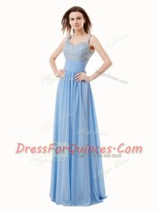 Blue Side Zipper Prom Evening Gown Beading Sleeveless Floor Length
