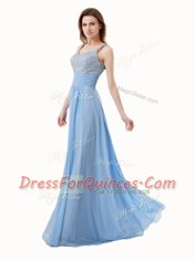 Blue Side Zipper Prom Evening Gown Beading Sleeveless Floor Length