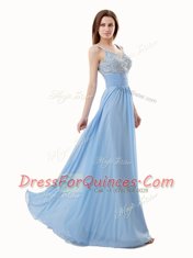 Blue Side Zipper Prom Evening Gown Beading Sleeveless Floor Length