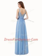 Blue Side Zipper Prom Evening Gown Beading Sleeveless Floor Length