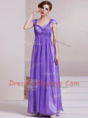 Low Price Cap Sleeves Chiffon Ankle Length Side Zipper Prom Gown in Lavender with Sequins and Ruching
