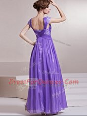 Low Price Cap Sleeves Chiffon Ankle Length Side Zipper Prom Gown in Lavender with Sequins and Ruching
