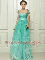 Cap Sleeves Chiffon Zipper Dress for Prom in Turquoise with Beading and Ruching