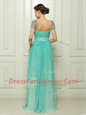 Cap Sleeves Chiffon Zipper Dress for Prom in Turquoise with Beading and Ruching