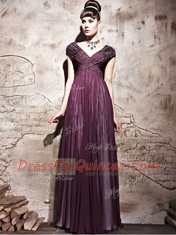 Beading and Ruching Prom Dress Purple Side Zipper Cap Sleeves Floor Length