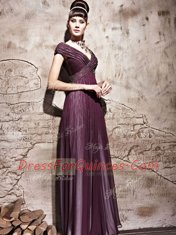 Beading and Ruching Prom Dress Purple Side Zipper Cap Sleeves Floor Length