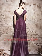 Beading and Ruching Prom Dress Purple Side Zipper Cap Sleeves Floor Length