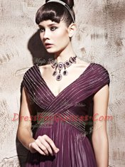 Beading and Ruching Prom Dress Purple Side Zipper Cap Sleeves Floor Length