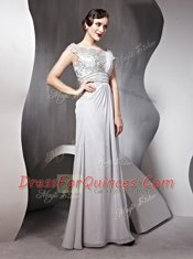New Style Bateau Cap Sleeves Chiffon Prom Evening Gown Appliques and Ruching Side Zipper