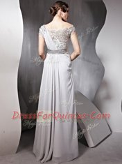 New Style Bateau Cap Sleeves Chiffon Prom Evening Gown Appliques and Ruching Side Zipper