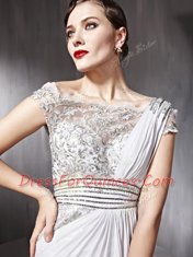 New Style Bateau Cap Sleeves Chiffon Prom Evening Gown Appliques and Ruching Side Zipper