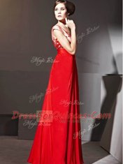 Luxury Red Zipper V-neck Beading and Appliques and Ruching Chiffon Cap Sleeves
