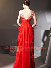 Luxury Red Zipper V-neck Beading and Appliques and Ruching Chiffon Cap Sleeves