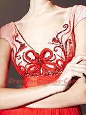 Luxury Red Zipper V-neck Beading and Appliques and Ruching Chiffon Cap Sleeves