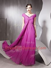 Graceful Rose Pink Empire V-neck Cap Sleeves Tulle Floor Length Zipper Beading and Ruching Prom Dresses