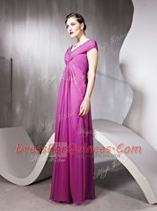 Graceful Rose Pink Empire V-neck Cap Sleeves Tulle Floor Length Zipper Beading and Ruching Prom Dresses