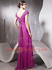Graceful Rose Pink Empire V-neck Cap Sleeves Tulle Floor Length Zipper Beading and Ruching Prom Dresses