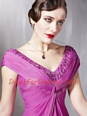 Graceful Rose Pink Empire V-neck Cap Sleeves Tulle Floor Length Zipper Beading and Ruching Prom Dresses