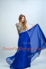 Elegant Royal Blue Bateau Zipper Beading Evening Dress Cap Sleeves