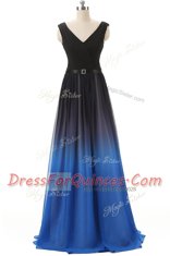 Chiffon V-neck Sleeveless Brush Train Lace Up Beading Prom Gown in Blue And Black