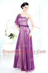 Glorious One Shoulder Purple Half Sleeves Floor Length Beading Side Zipper Prom Party Dress