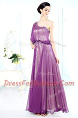 Glorious One Shoulder Purple Half Sleeves Floor Length Beading Side Zipper Prom Party Dress