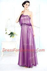 Glorious One Shoulder Purple Half Sleeves Floor Length Beading Side Zipper Prom Party Dress