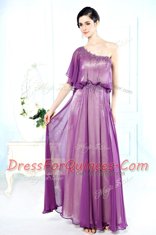 Glorious One Shoulder Purple Half Sleeves Floor Length Beading Side Zipper Prom Party Dress