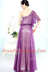 Glorious One Shoulder Purple Half Sleeves Floor Length Beading Side Zipper Prom Party Dress