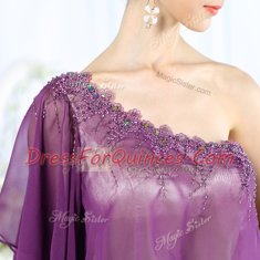 Glorious One Shoulder Purple Half Sleeves Floor Length Beading Side Zipper Prom Party Dress