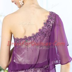 Glorious One Shoulder Purple Half Sleeves Floor Length Beading Side Zipper Prom Party Dress