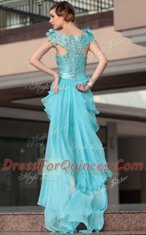 Top Selling Aqua Blue Scoop Zipper Beading and Sequins Prom Dress Sleeveless