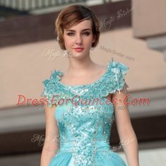 Top Selling Aqua Blue Scoop Zipper Beading and Sequins Prom Dress Sleeveless