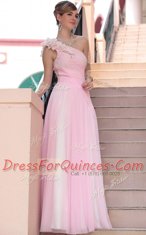 Delicate One Shoulder Floor Length Side Zipper Prom Gown Hot Pink for Prom and Party with Beading and Hand Made Flower