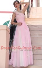 Delicate One Shoulder Floor Length Side Zipper Prom Gown Hot Pink for Prom and Party with Beading and Hand Made Flower