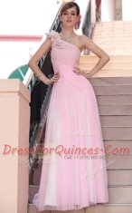 Delicate One Shoulder Floor Length Side Zipper Prom Gown Hot Pink for Prom and Party with Beading and Hand Made Flower