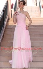 Delicate One Shoulder Floor Length Side Zipper Prom Gown Hot Pink for Prom and Party with Beading and Hand Made Flower