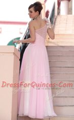 Delicate One Shoulder Floor Length Side Zipper Prom Gown Hot Pink for Prom and Party with Beading and Hand Made Flower