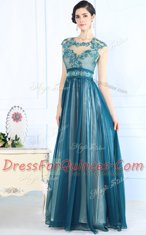 Perfect Teal Chiffon Zipper Scoop Sleeveless Floor Length Homecoming Dress Lace