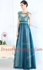 Perfect Teal Chiffon Zipper Scoop Sleeveless Floor Length Homecoming Dress Lace