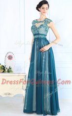 Perfect Teal Chiffon Zipper Scoop Sleeveless Floor Length Homecoming Dress Lace