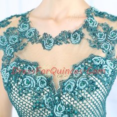 Perfect Teal Chiffon Zipper Scoop Sleeveless Floor Length Homecoming Dress Lace