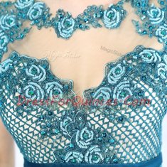 Perfect Teal Chiffon Zipper Scoop Sleeveless Floor Length Homecoming Dress Lace