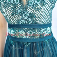 Perfect Teal Chiffon Zipper Scoop Sleeveless Floor Length Homecoming Dress Lace