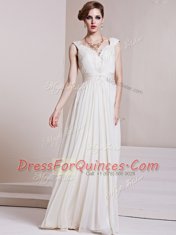 Custom Made Chiffon Cap Sleeves Floor Length Prom Dress and Beading and Ruching