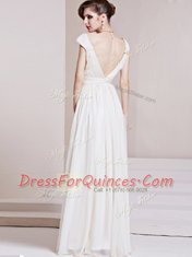 Custom Made Chiffon Cap Sleeves Floor Length Prom Dress and Beading and Ruching