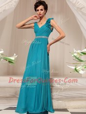 New Style V-neck Sleeveless Prom Dress Floor Length Ruffles Teal Chiffon